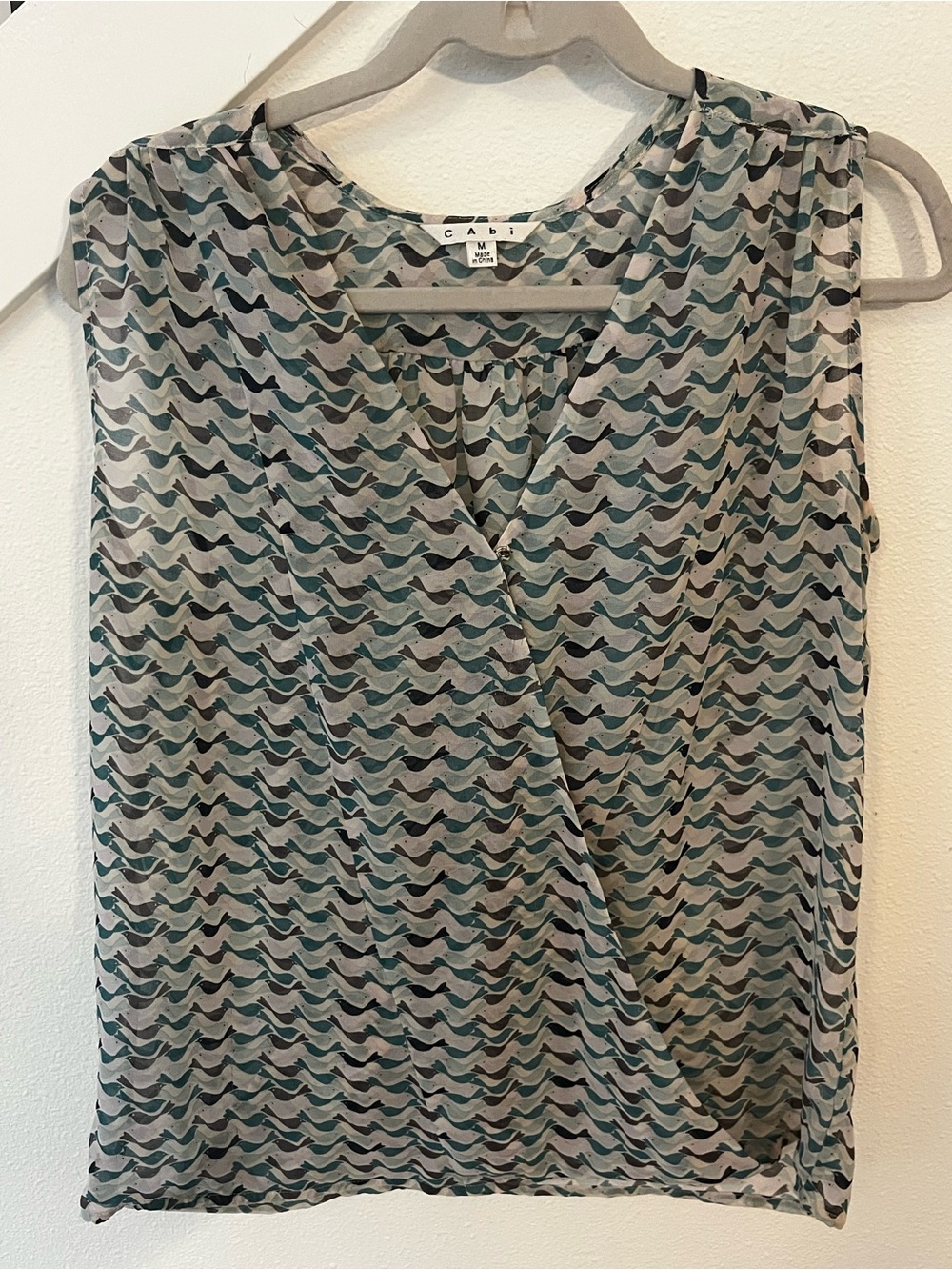 CAbi Sleeveless Wave-Print Surplice Tank in Teal and Gray